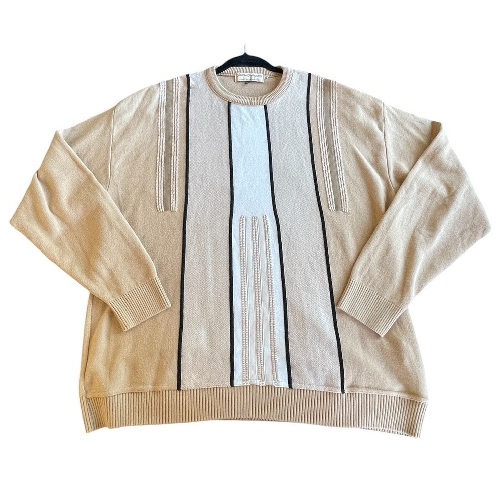 Vintage Norm Thompson Sweater Mens XXL Beige Cosby Grandpa Canada 3D Textured